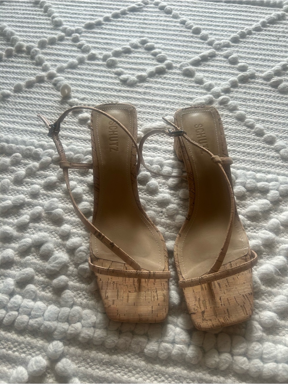 SCHUTZ Beige Cork Square-Toe Slingback Heels